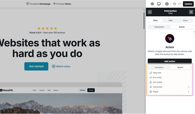 Mosaic Interactions Action tab showing Add action options