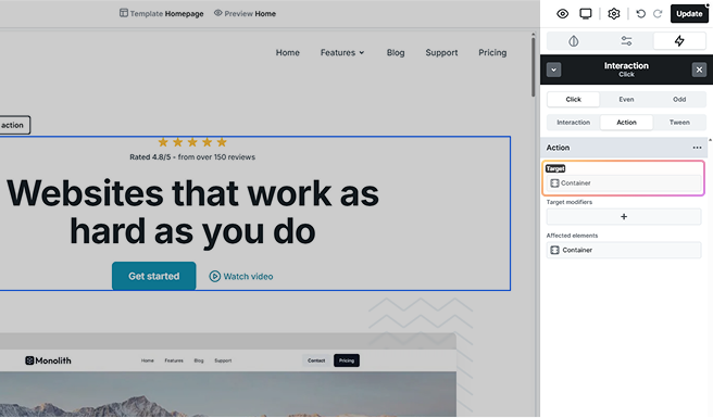 Mosaic Action target settings showing options to apply an interaction to the selected element or extend it to other elements