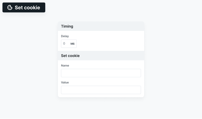 Mosaic Action tab showing Set cookie settings with fields for delay, cookie name, and value