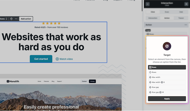Mosaic Action target options showing choices to apply an interaction to only the selected element or to all elements sharing the same class