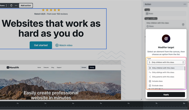 Mosaic Target modifiers settings with options to limit interactions to children, siblings, or parents with a class, or to include or exclude specific classes