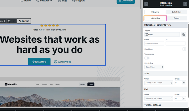 Mosaic Interactions tab displaying setting options for a selected interaction type