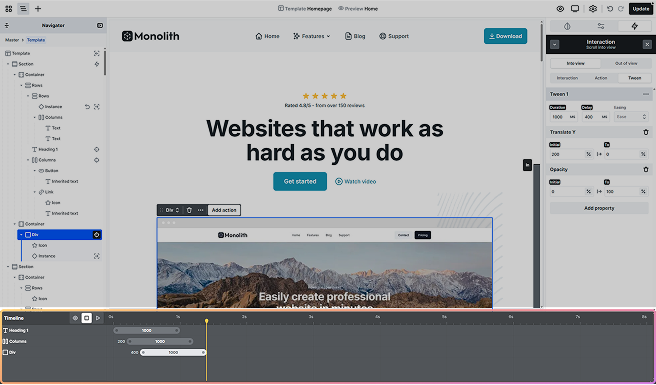 Mosaic Timeline at the bottom of the screen displaying the sequence, duration, and overlap of actions for an interaction