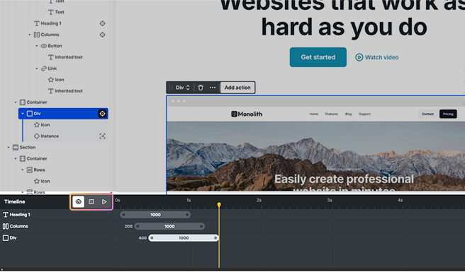 Mosaic Timeline preview controls on the canvas showing Preview, Reset, and Play options to test and review animations