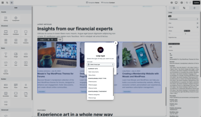 Loop type selection dropdown in Mosaic's pop-up window, offering multiple loop structure options for configuring dynamic content display
