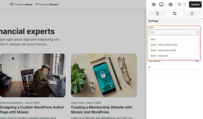 Advanced tab settings for a Loop item in Mosaic, providing further customization options