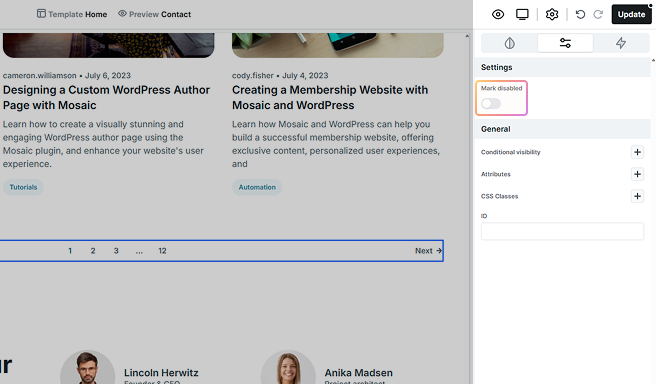 Advanced tab settings for the Pagination element in Mosaic, allowing further customization