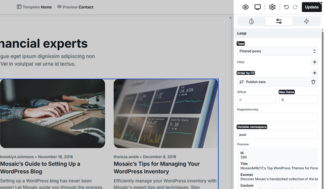 Advanced tab settings for the Loop element in Mosaic, offering further configuration options