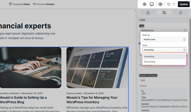 Order settings dropdown highlighted in Mosaic, allowing posts and pages to be sorted in ascending or descending order