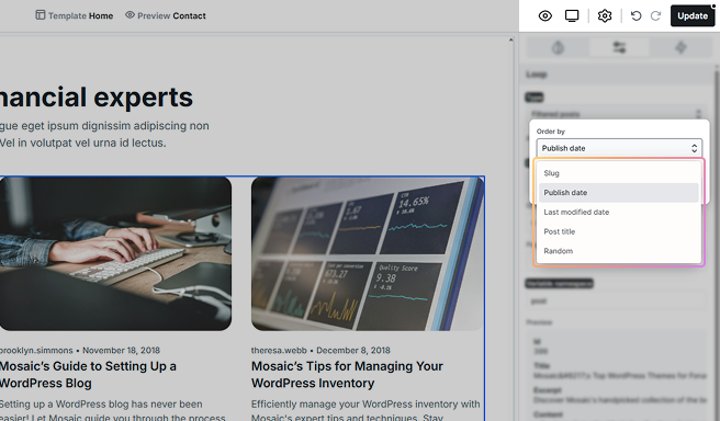 Sorting criteria dropdown highlighted in Mosaic, enabling customization of loop content order by attributes