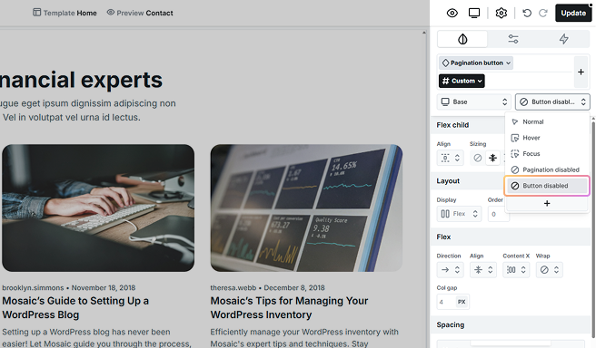 Button disabled additonal state highlighted in Mosaic’s state selector