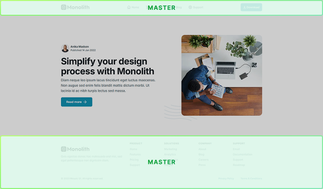 Highlighted master layout in Mosaic showing a reusable structure with header and footer surrounding the template area for consistent page design