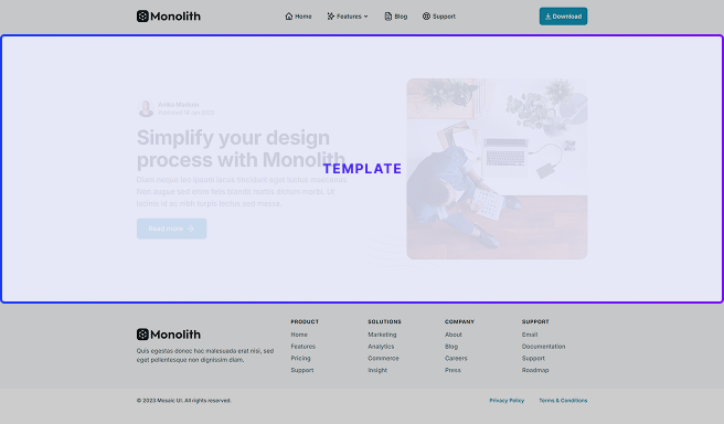 Template area highlighted in Mosaic, positioned between the master layout’s header and footer to hold unique page content