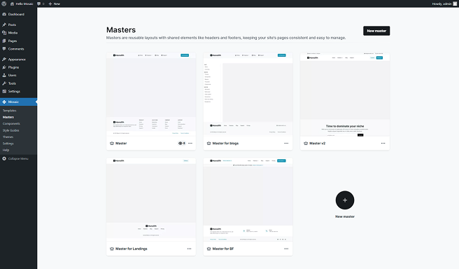 Masters section in Mosaic’s left menu showing a list of existing master layouts with options to create a new one
