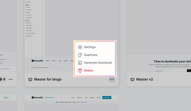 Context menu for a master layout in Mosaic, offering management actions