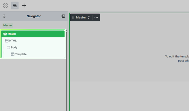 Master layout open in Mosaic’s Editor, showing HTML, Body, and Template elements structured in the Navigator