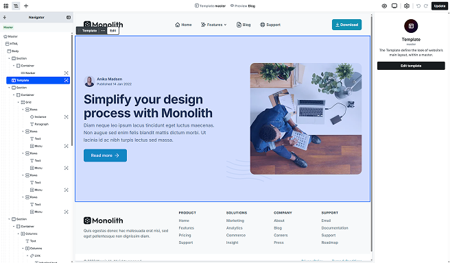 Template element highlighted in Mosaic’s editor and Navigator
