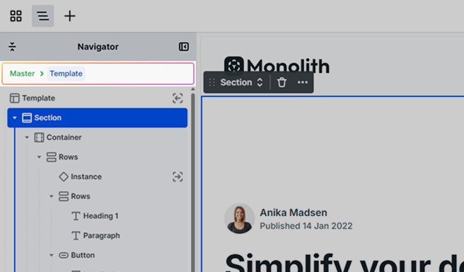 Master selection option highlighted at the top of the Navigator panel in Mosaic’s Editor