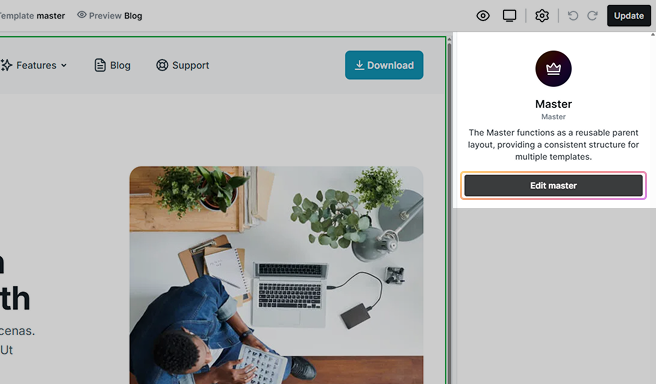 Edit Master option in Mosaic’s right sidebar visible after selecting the Master element