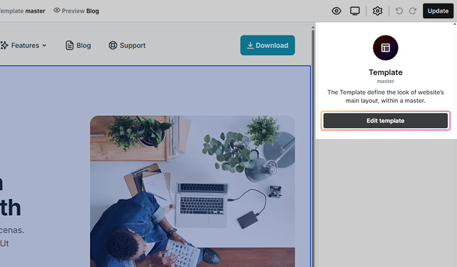 Edit template option in Mosaic’s right sidebar shown after selecting the Template element