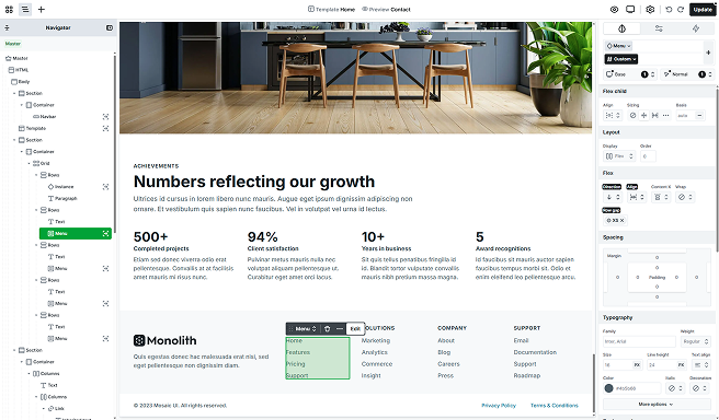 Menu element placed in the footer section within the Mosaic editor, used for displaying navigation links