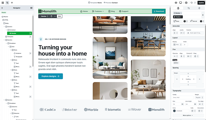 Navbar element highlighted on the Mosaic Canvas and in the Navigator panel