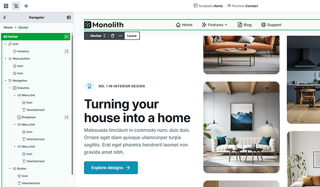 Navbar structure displayed in Mosaic’s Navigator panel, showing elements inside its scope