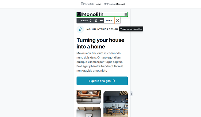 Toggle navigation button highlighted in Mosaic’s mobile view toolbar