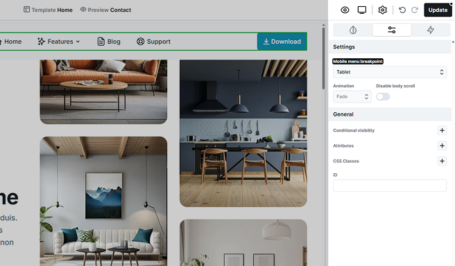 Advanced tab settings for the Navbar element in Mosaic, offering advanced cutsomization options