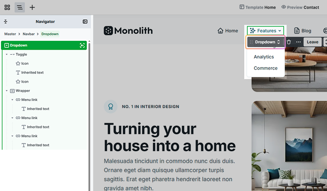 Dropdown element in Mosaic editor showing toggle with text and arrow icon, and wrapper containing menu links for navigation