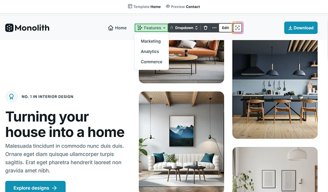 Dropdown toggle icon highlighted in Mosaic’s Toolbar