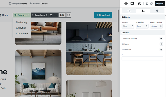 Advanced tab settings for the Dropdown element in Mosaic, providing advanced options for customization