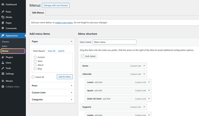 WP Menu element in Mosaic displaying WordPress dashboard-defined menu items for seamless site navigation