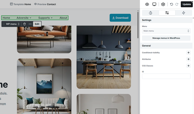 Advanced tab settings for the WP Menu element in Mosaic, allowing further customization of WordPress menu