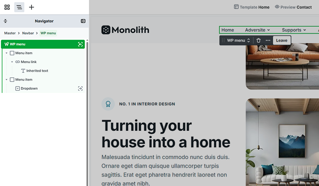 WP Menu structure shown in Mosaic’s Navigator panel, outlining elements inside its scope