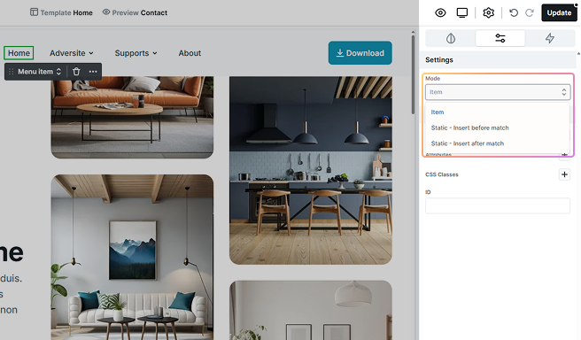 Advanced tab settings for a Menu Item in Mosaic, allowing control over its behavior within the overall menu structure