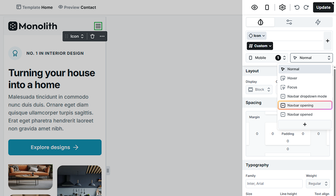 Navbar opening state selected in Mosaic’s state dropdown