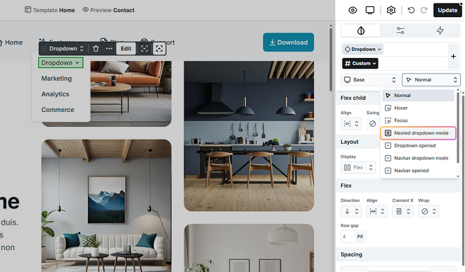 Nested dropdown mode state selected in Mosaic’s state dropdown