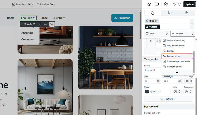 Mosaic Navbar settings showing the Current within state at a dropdown's toggle element