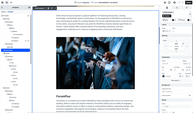 Post Content element shown in the Mosaic Editor