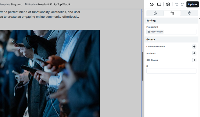 Advanced tab settings for the Post content element in Mosaic, allowing configuration of how dynamic post data is rendered on the page