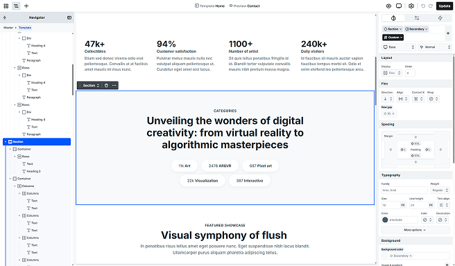 Section element highlighted in Mosaic's Editor, showcasing how it's used to organize webpage content