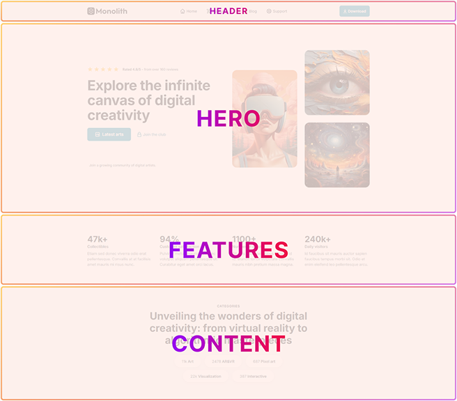 Multiple section elements highlighted in Mosaic, including header, hero, features, and content areas, demonstrating grouped content structure for better layout flow