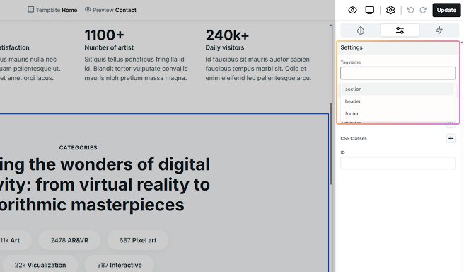 Advanced tab for Mosaic's Section element highlighting the customizable HTML Tag Name option for semantic control