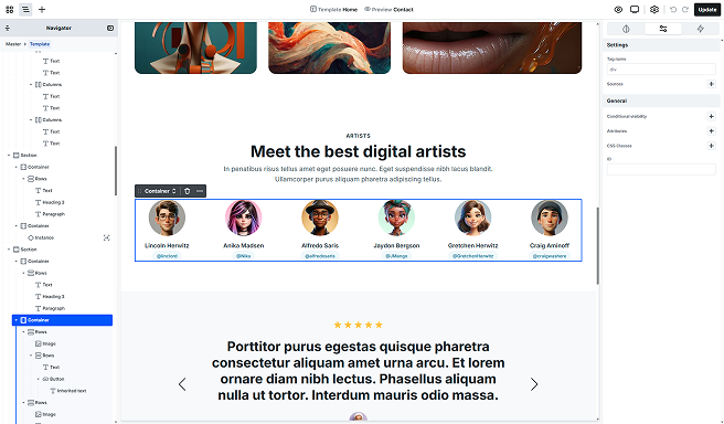 Container element highlighted in Mosaic editor, demonstrating layout alignment and spacing within a parent section