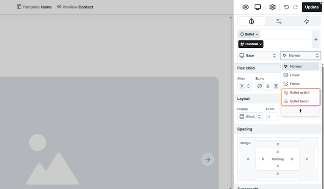 Bullet active/hover state highlighted in Mosaic’s Style tab state selector