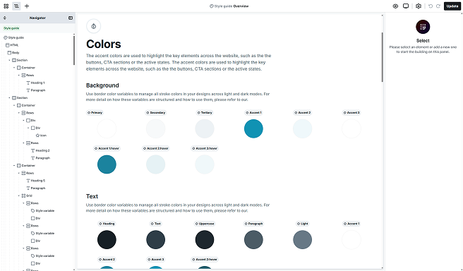 The Colors section of the Style guide is where you define your site-wide color palette.