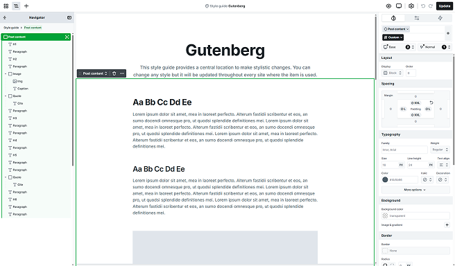 Mosaic Style guide Gutenberg section highlighting settings for customizing styles of post content created in Gutenberg.