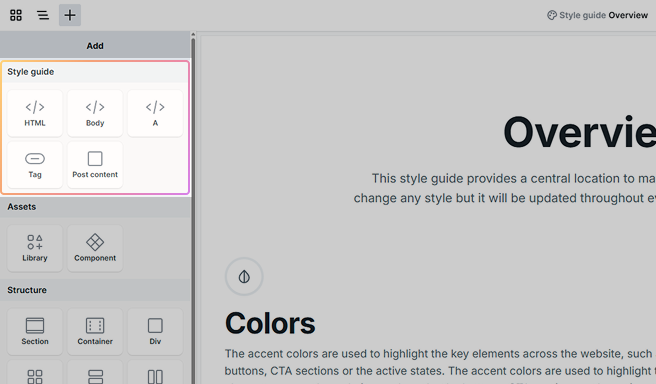 Mosaic Style guide interface showing special elements available only here for managing global styling and consistency.