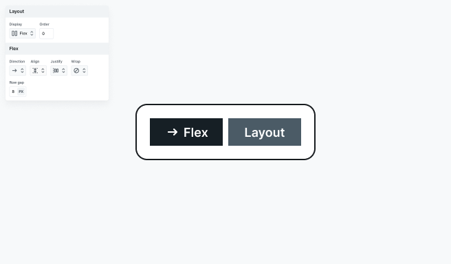 'Direction: Row' layout option selected in Mosaic’s Style tab, displaying child elements arranged on the Canvas